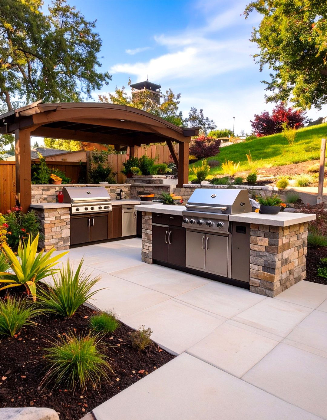 Small Sloped Backyard with an Outdoor Kitchenette - 30 small sloped backyard ideas