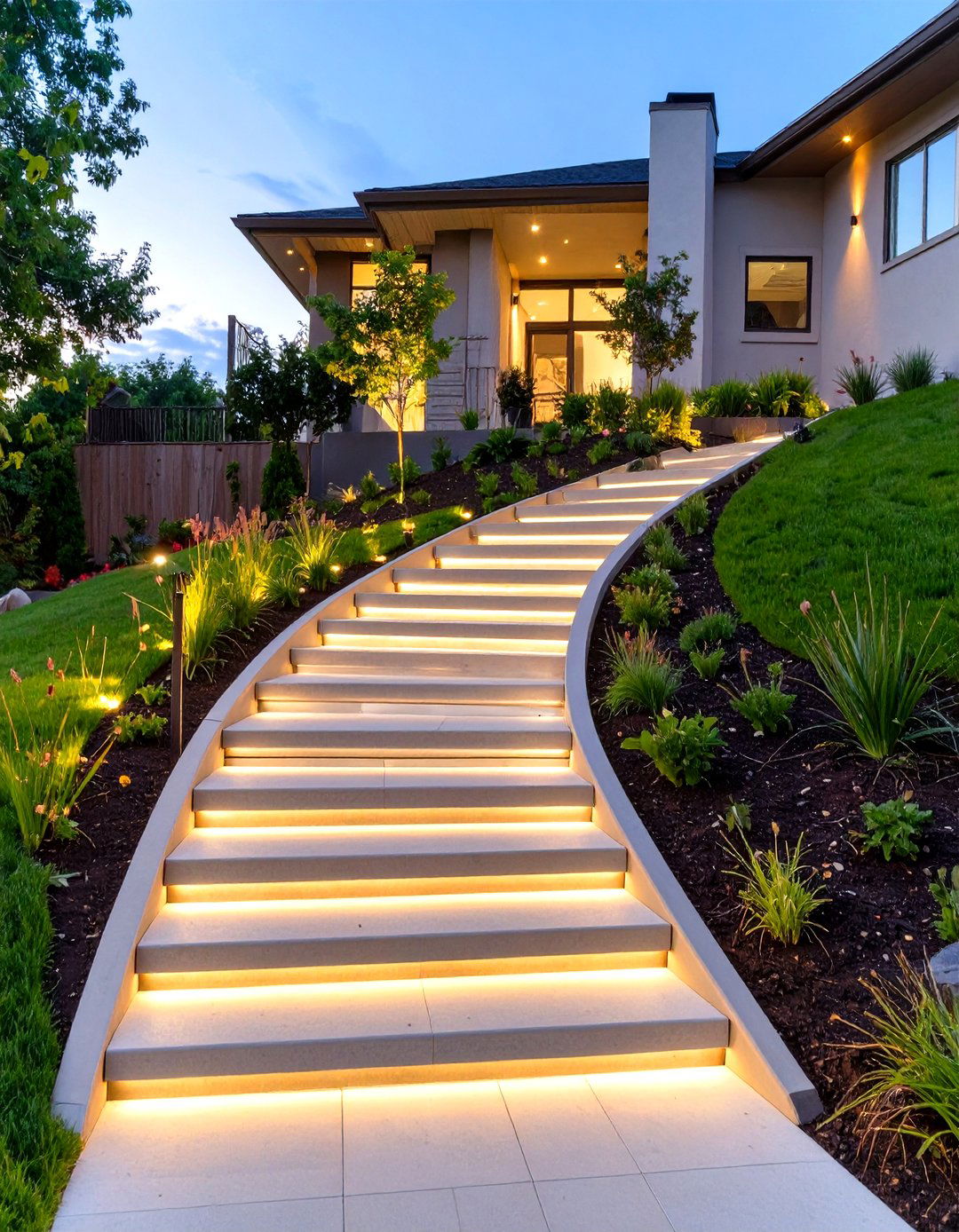 Small Sloped Backyard with an Outdoor Staircase and Lighting - 30 small sloped backyard ideas