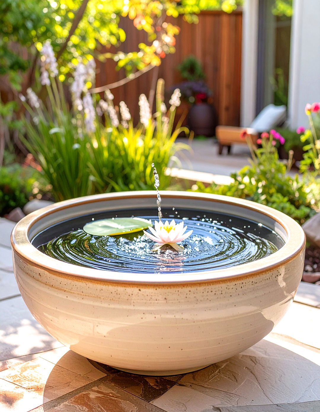 Small Water Feature with Aquatic Plants - 30 small patio garden ideas