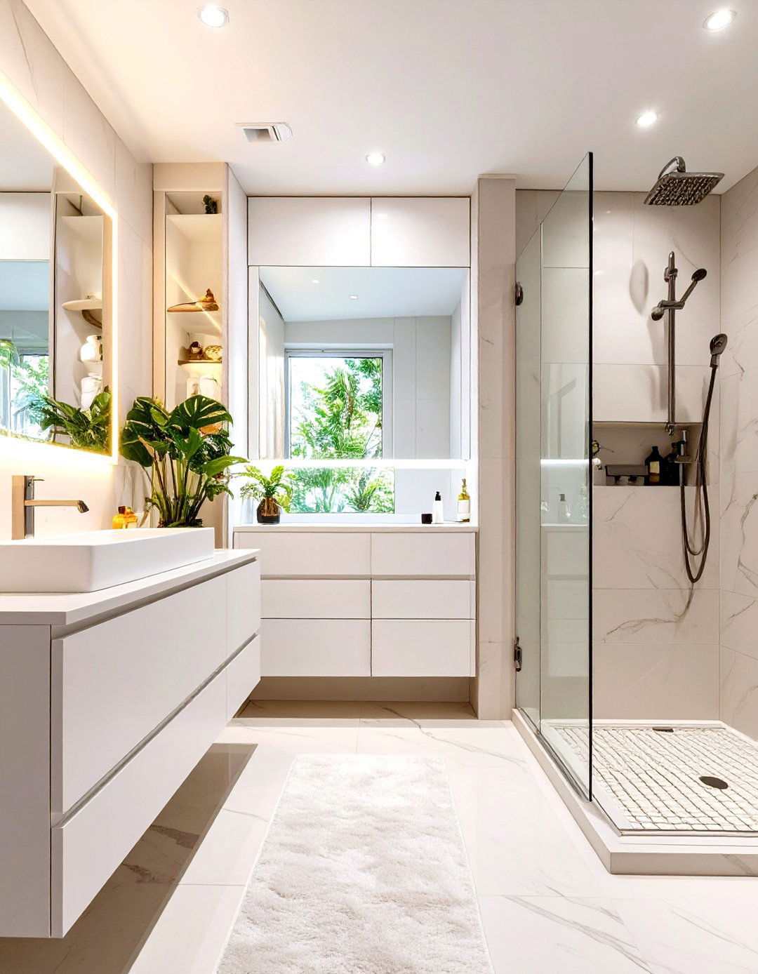 Small White Bathroom with Smart Storage - 30 modern white bathroom ideas