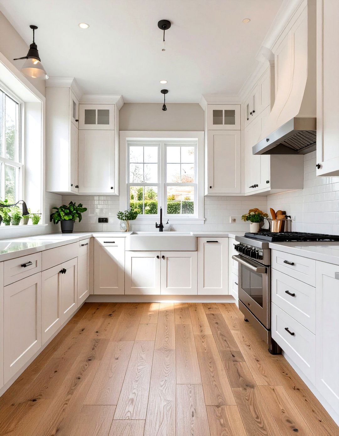Small White Kitchen with Natural Wood Flooring - 30 small white kitchen ideas