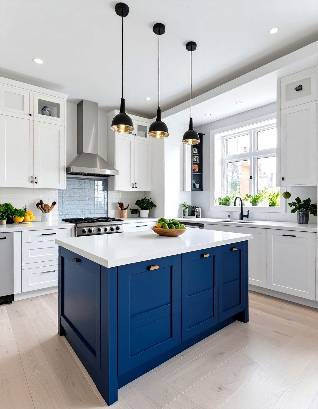 Small White Kitchen with a Colorful Island - 30 small white kitchen ideas