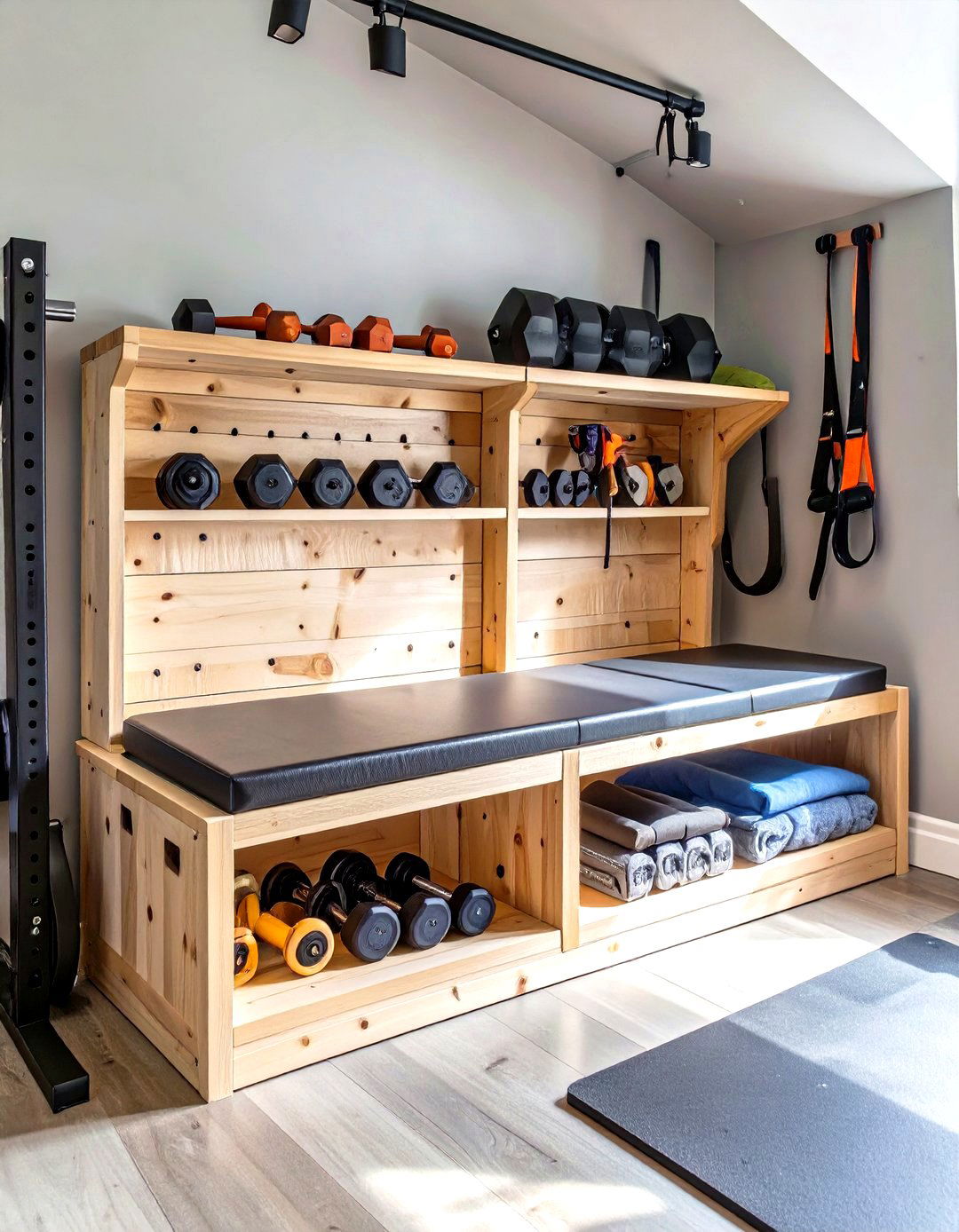 Smart Storage Benches in a Small Garage Gym - 30 small garage gym ideas