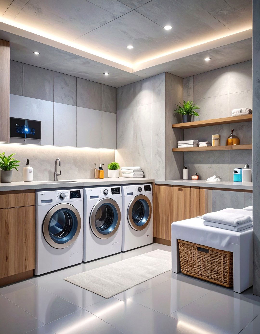 Smart and Tech Forward Basement Laundry Room - 30 concrete basement laundry room ideas