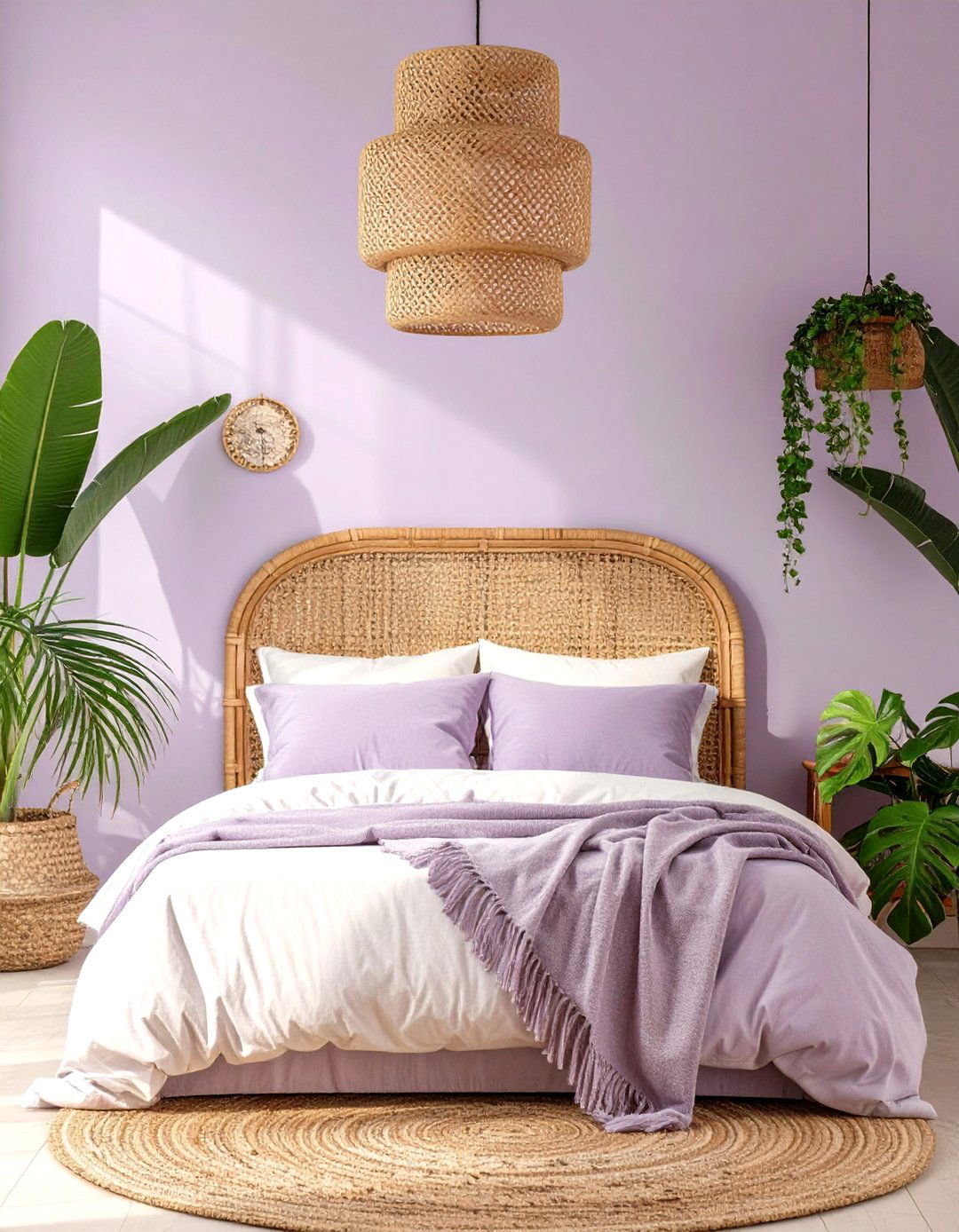 Soft Lilac and Rattan Bedroom - 30 modern purple bedroom ideas