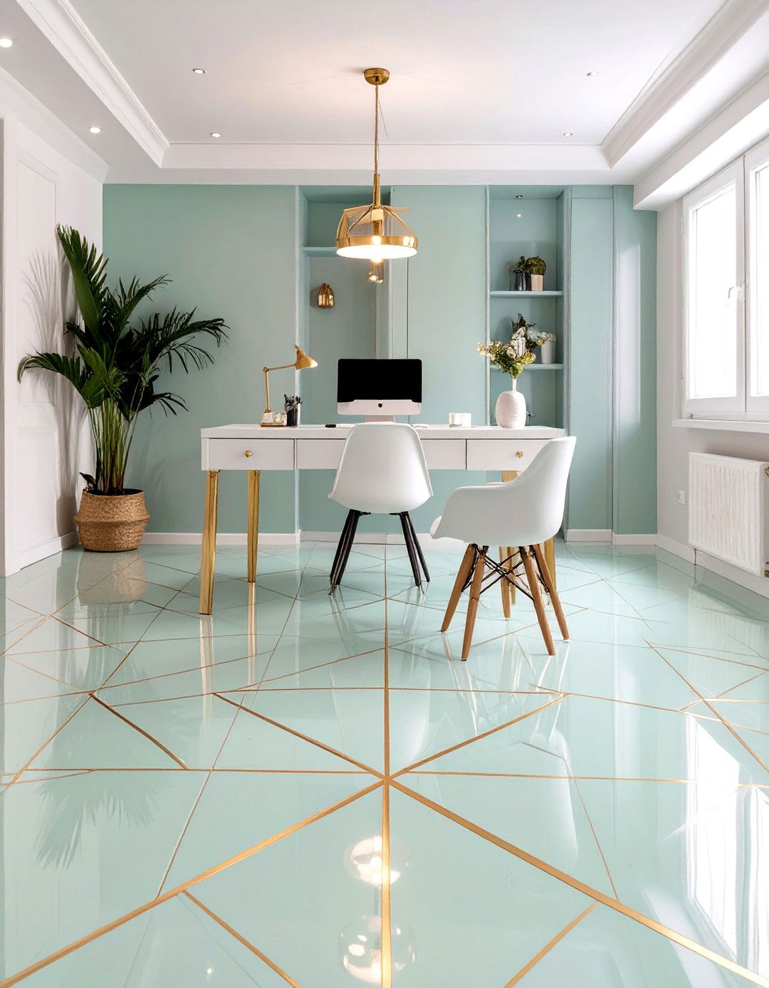 Soft Mint and Gold Geometric Floor - 30 basement floor paint ideas