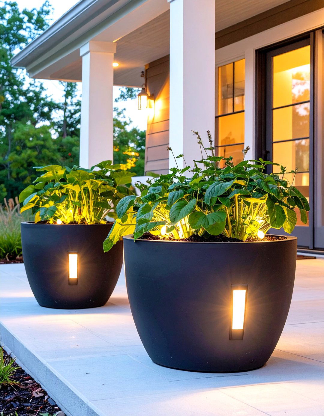 Solar Powered Pathway Lights in Planters for a Small Front Porch - 30 small front porch ideas on a budget