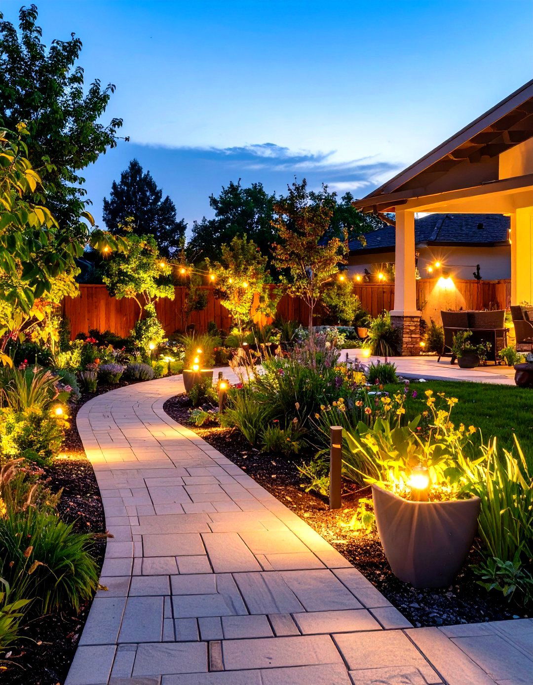 Solar Powered Pathway Lights in a Patio Garden - 30 patio garden ideas