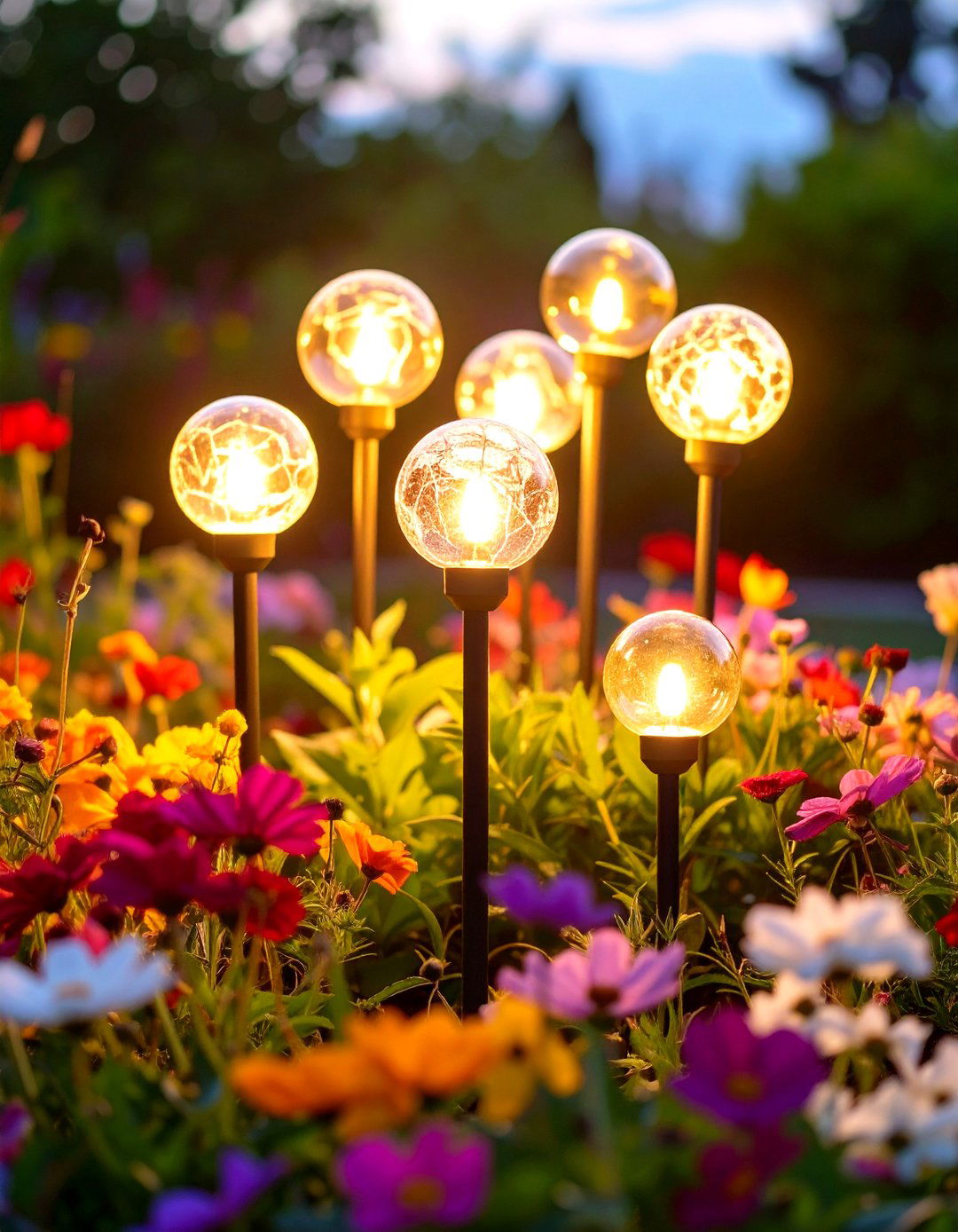 Solar Stake Lights in Flowerbeds - 30 outdoor  lights ideas