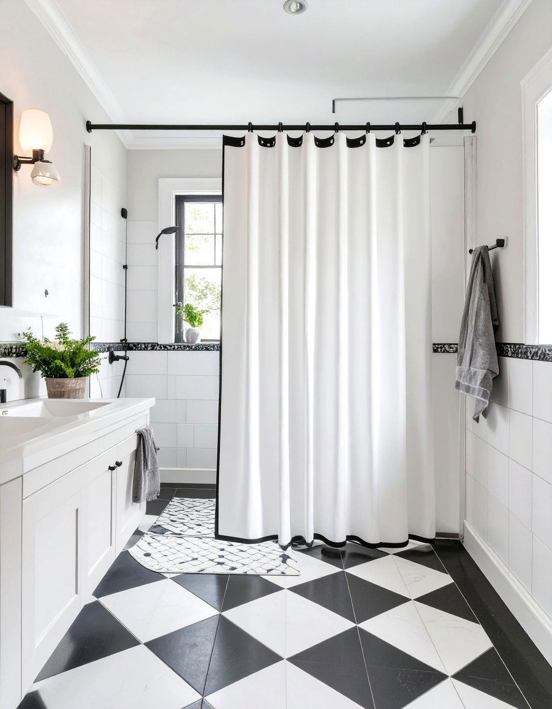 Solid Color Shower Curtain with Contrast Trim - 30 shower curtain ideas