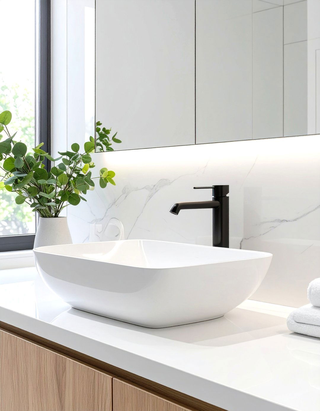 Solid Surface Backsplash with Integrated Sink - 30 vanity backsplash bathroom sink backsplash ideas