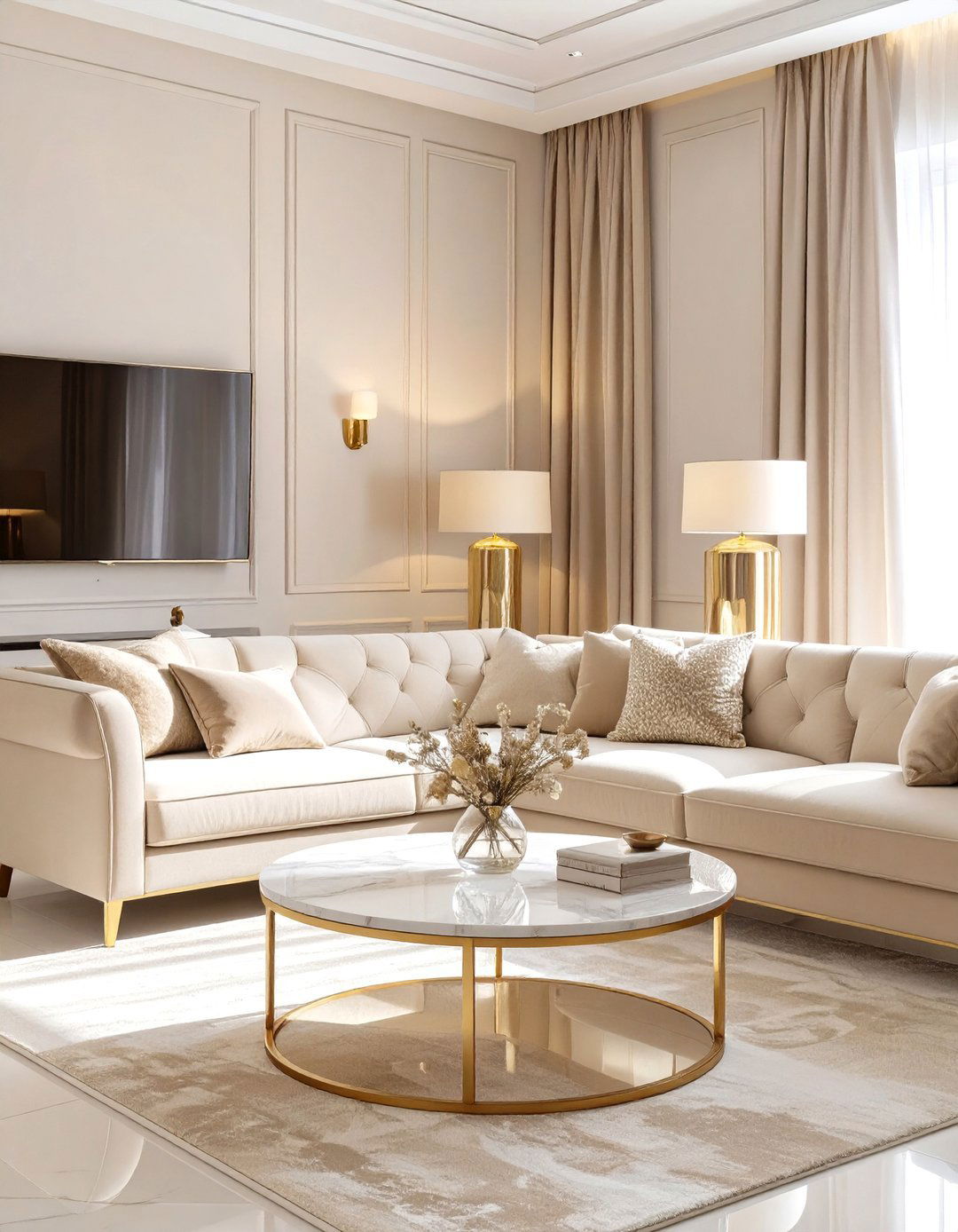 Sophisticated Beige Living Room with Gold Accents - 30 beige living room ideas