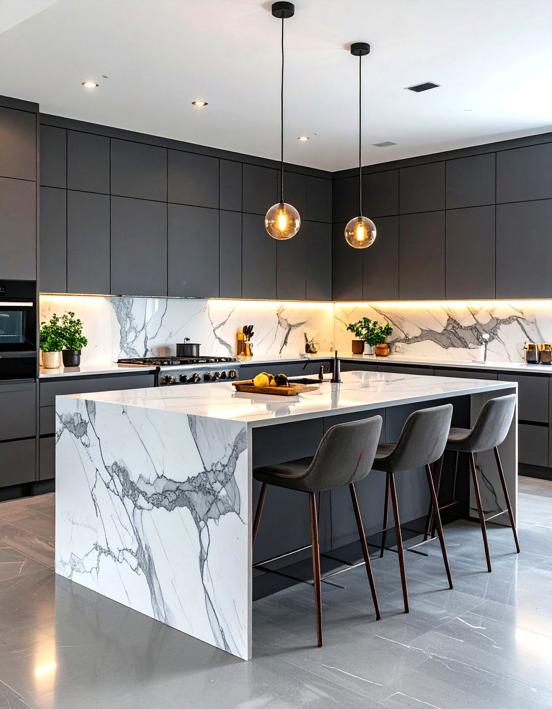 Sophisticated Grey Kitchen with a Marble Waterfall Island - 30 grey kitchen cabinets ideas