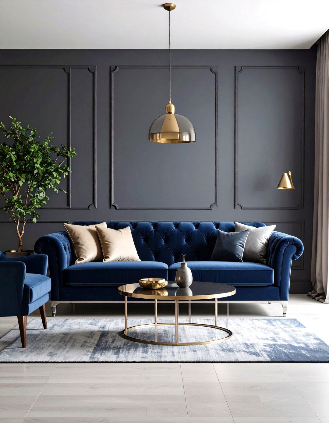 Sophisticated Grey and Navy Blue Living Room - 30 grey living room decor ideas