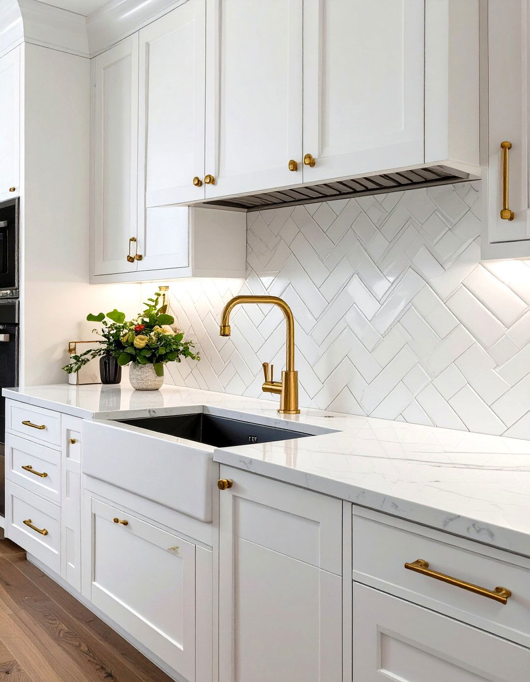 Sophisticated Herringbone Pattern Backsplash - 30 white cabinet kitchen backsplash ideas