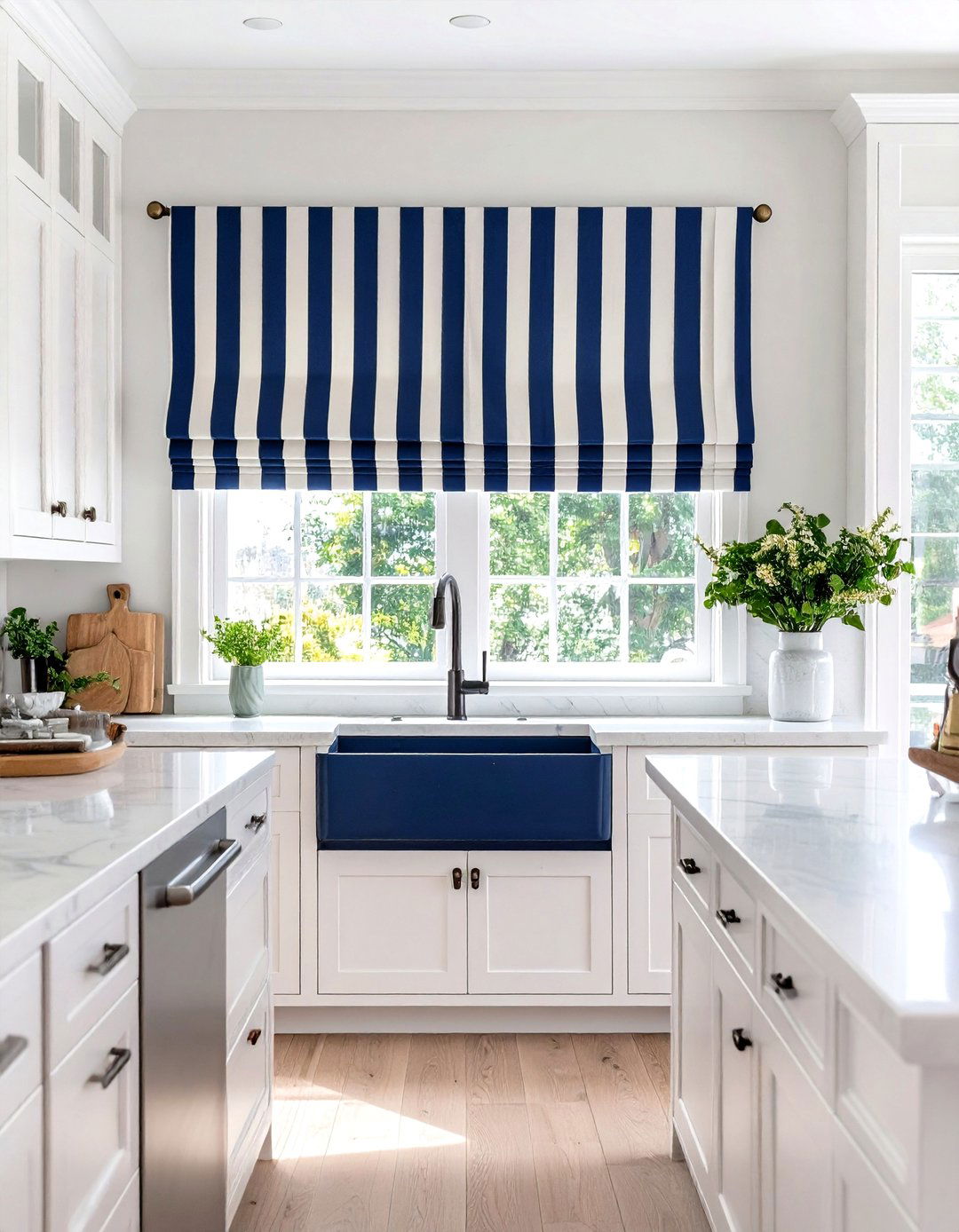 Sophisticated Striped Roman Shade - 30 kitchen curtain ideas above sink