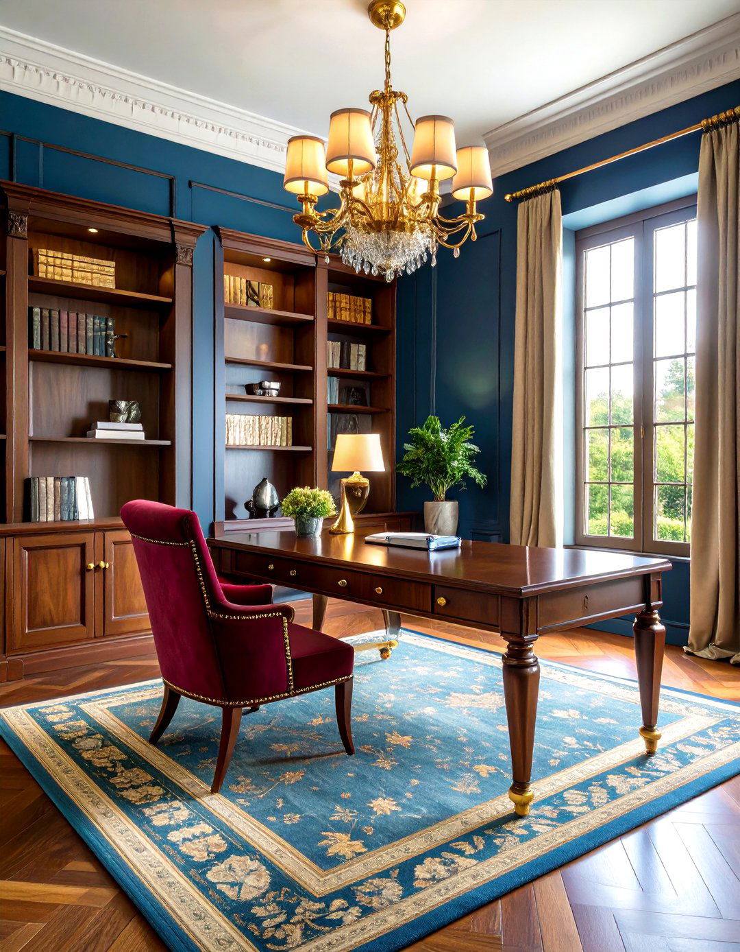 Sophisticated Triadic Burgundy Gold and Navy Study - 30 interior design color wheel ideas