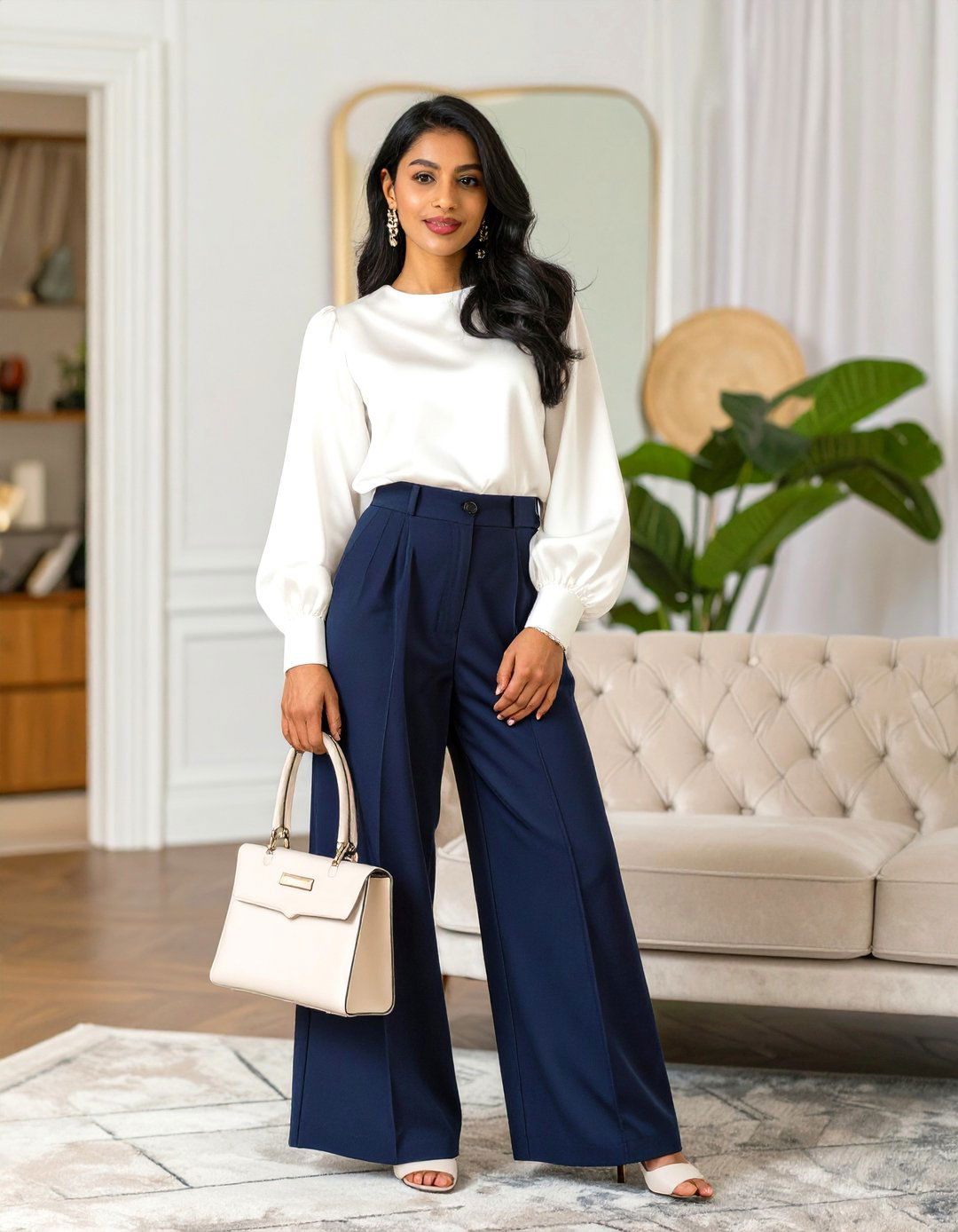 Sophisticated Wide Leg Trousers and a Blouse - 30 baby shower outfit ideas guest winter