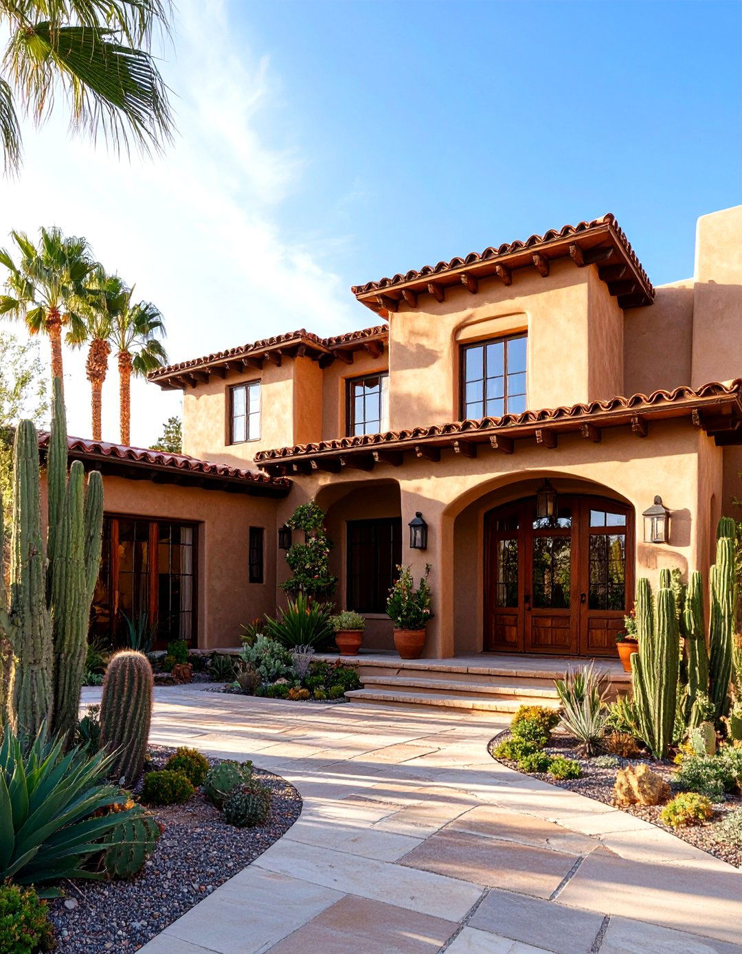 Southwestern Adobe with Desert Palms - 30 front yard palm tree landscape design ideas