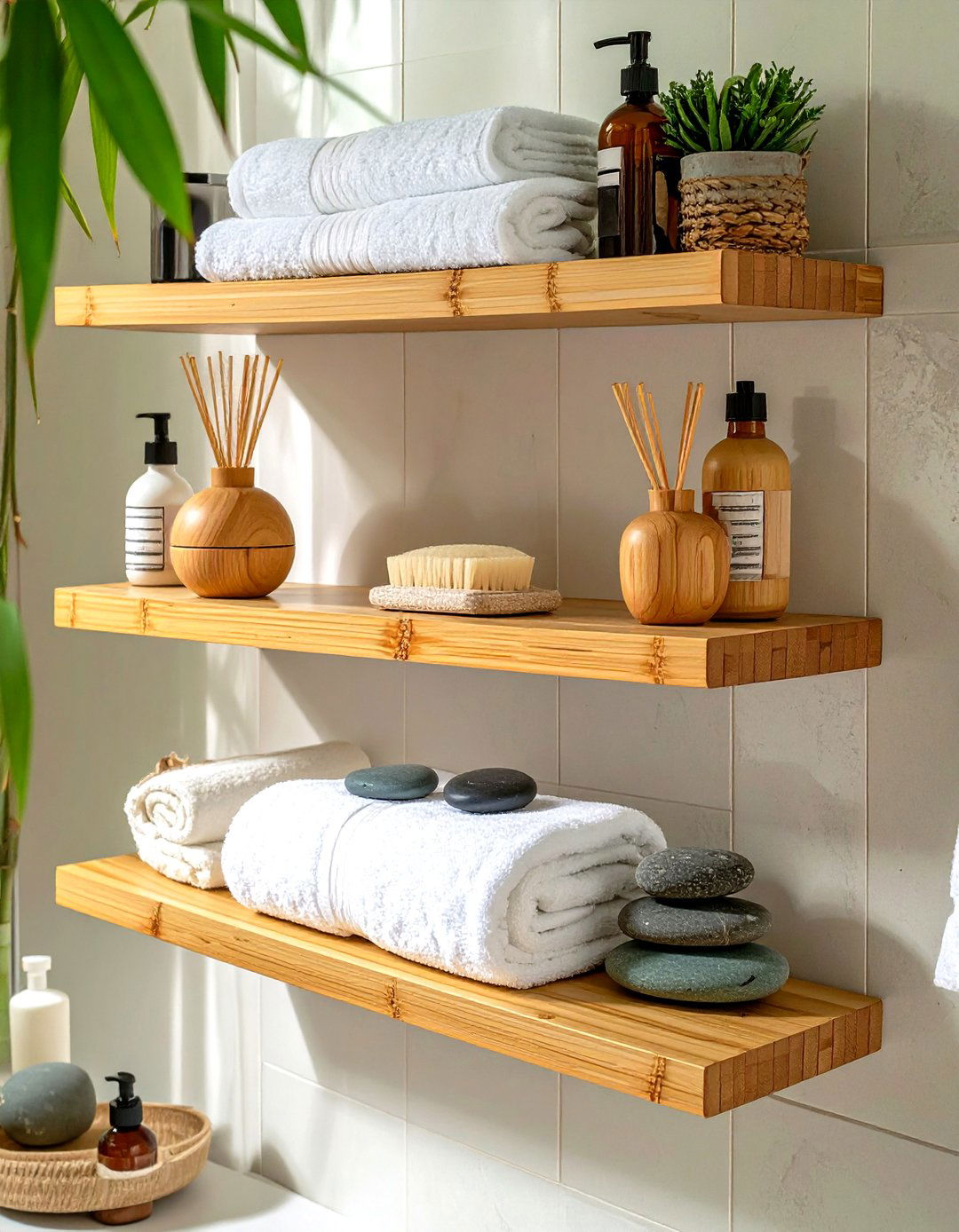 Spa Inspired Bamboo Shelving - 30 floating shelves bathroom ideas