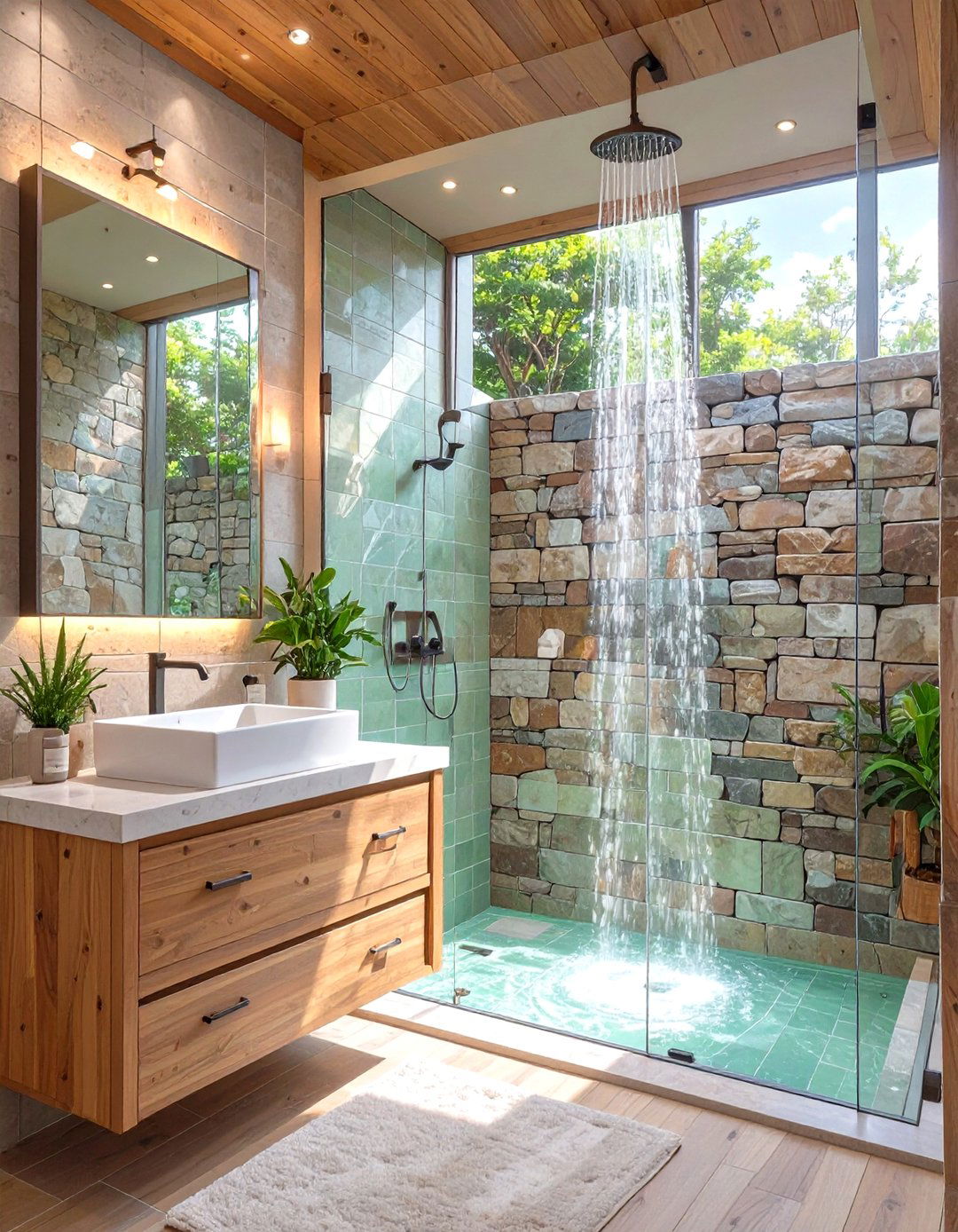 Spa Like Green Bathroom with Natural Stone - 30 green tile bathroom ideas