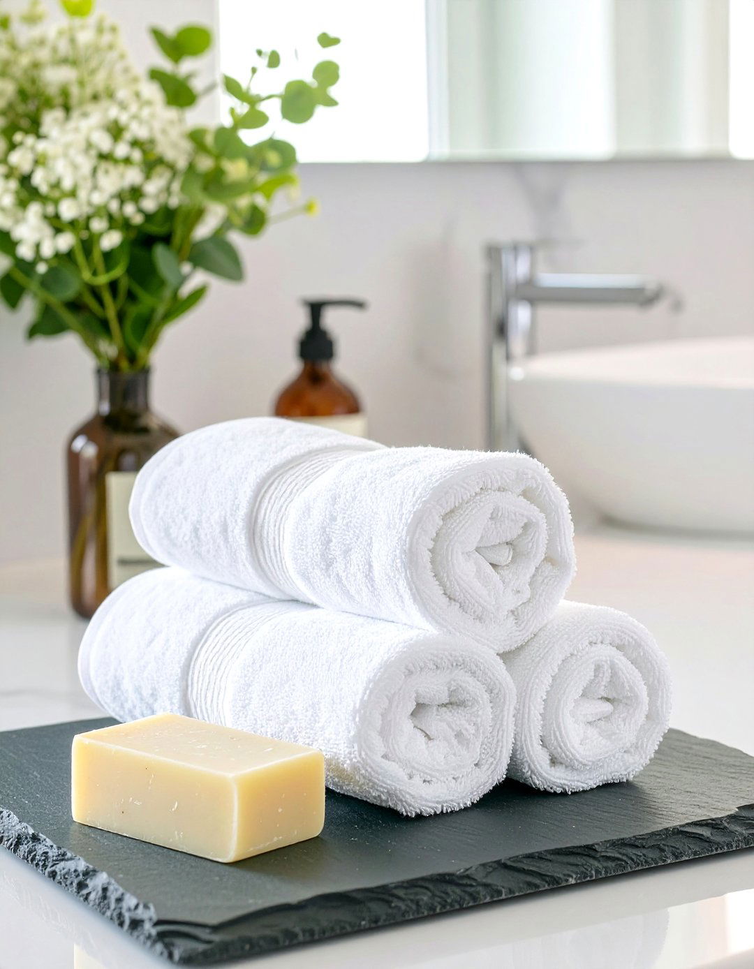 Spa Like Rolled Towel Display - 30 bathroom counter organization ideas