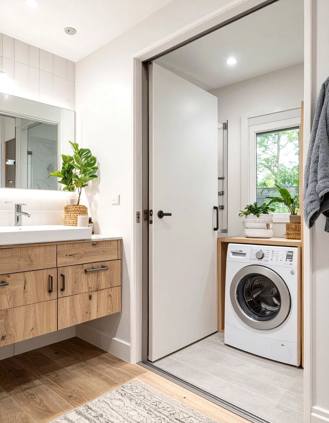 Space Saving Pocket Door - 30 combination small bathroom and laundry room combo designs