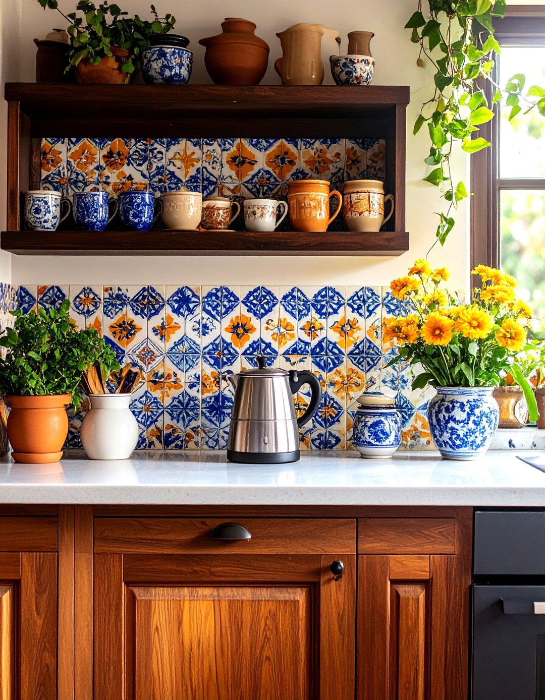 Spanish Tiled Backsplash Coffee Nook - 30 kitchen coffee bar ideas