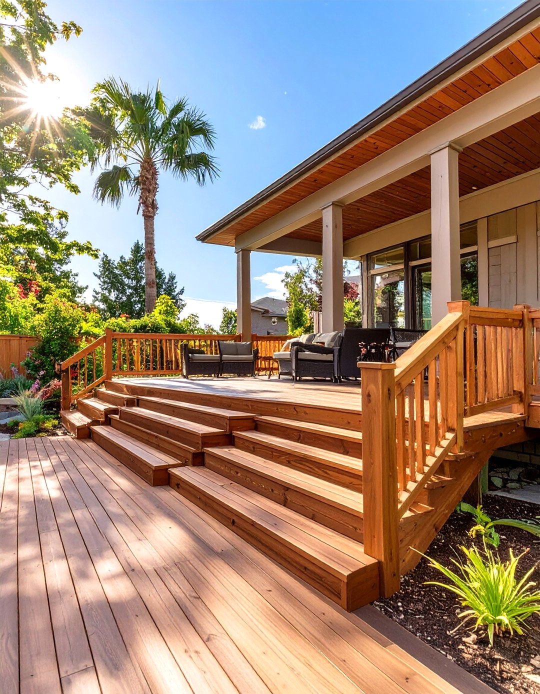 Split Level Deck with Contrasting Wood Stains - 30 split level 2 level deck designs
