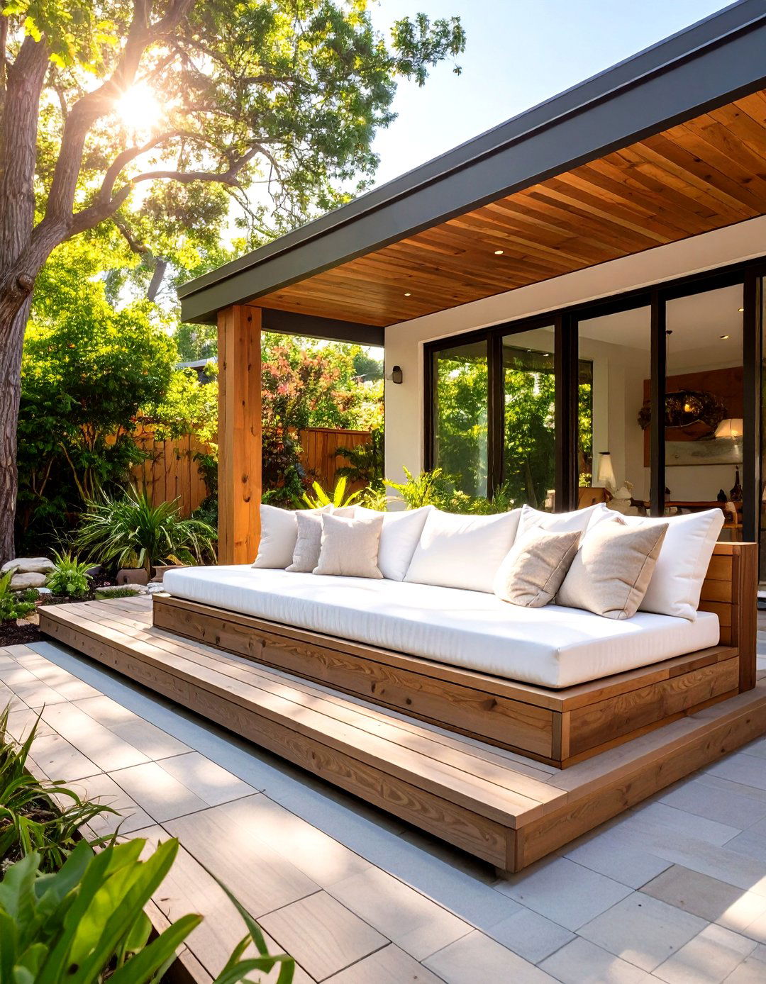 Split Level Deck with a Custom Outdoor Daybed - 30 split level 2 level deck designs