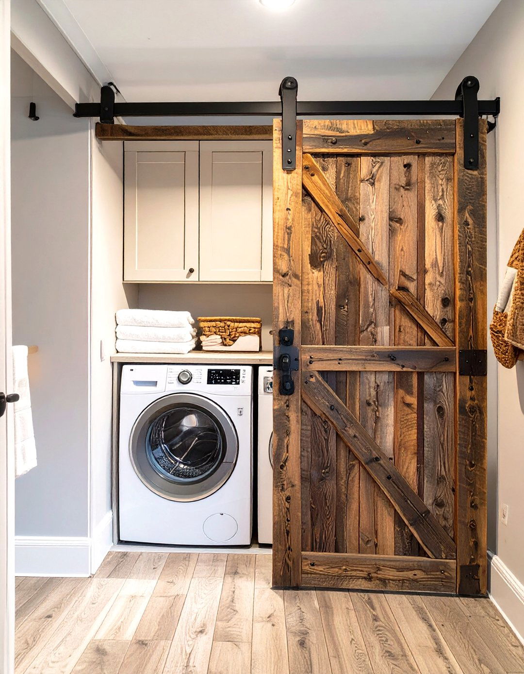 Stackable Laundry Concealed by Barn Doors - 30 stackable laundry room ideas