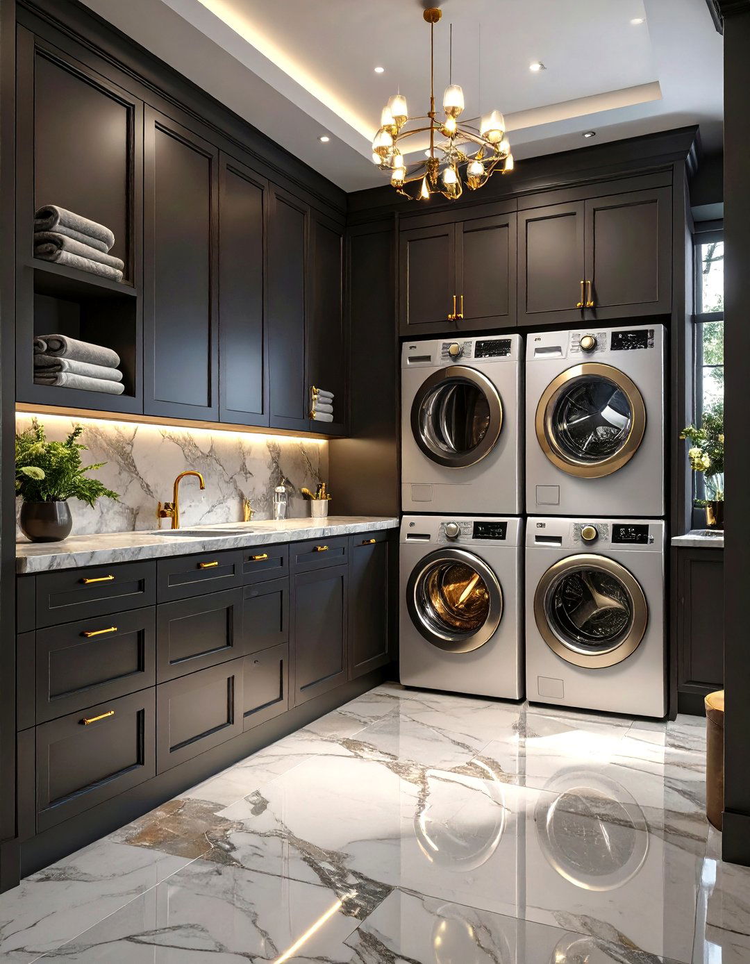 Stackable Laundry with Dark Moody Cabinetry - 30 stackable laundry room ideas