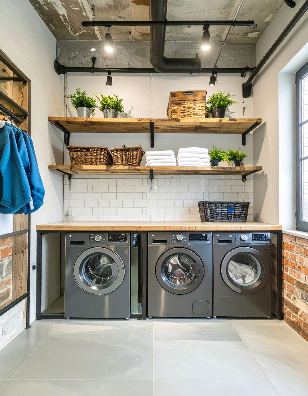 Stackable Laundry with Industrial Style Shelving - 30 stackable laundry room ideas