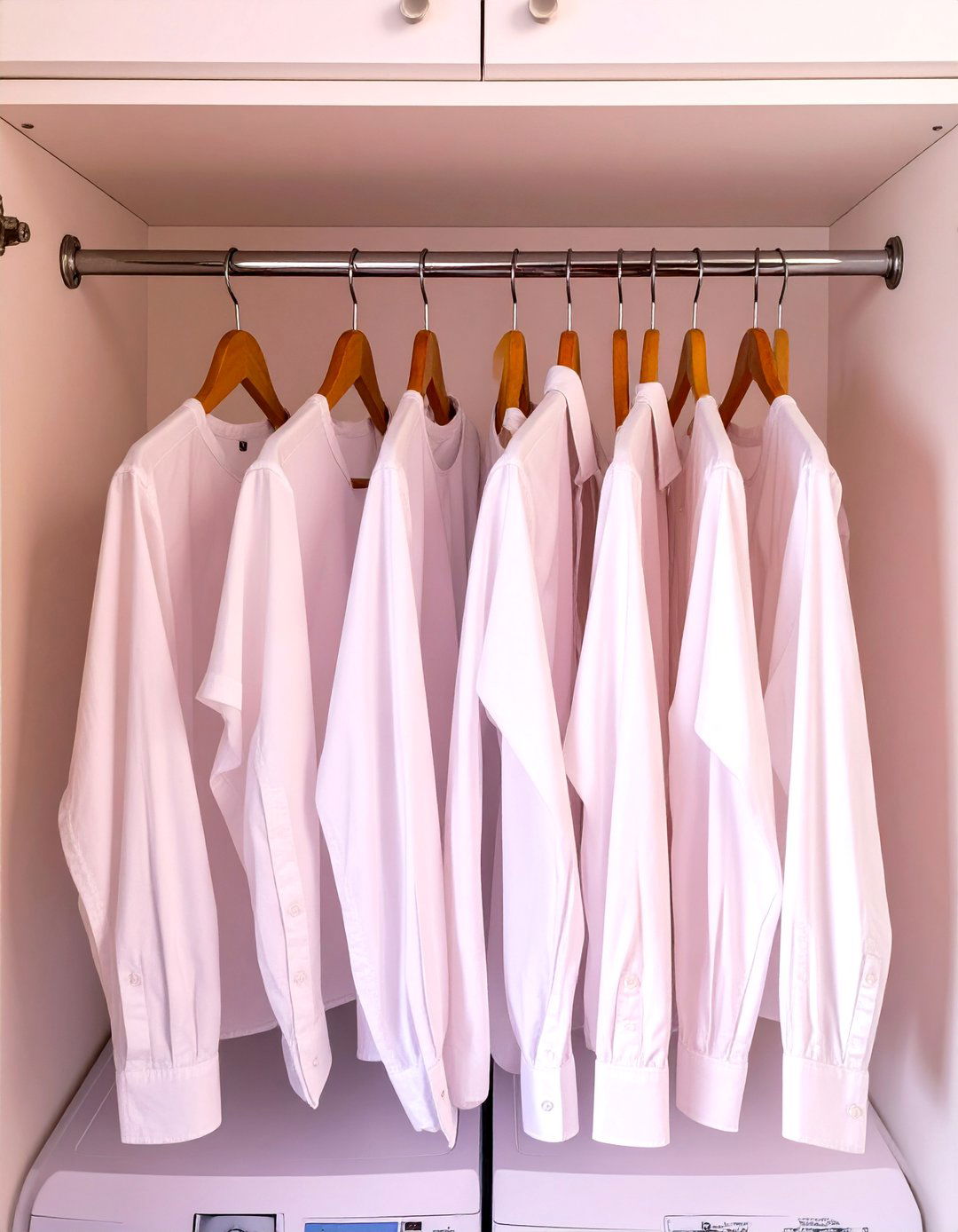 Stackable Laundry with Overhead Hanging Rod - 30 stackable laundry room ideas