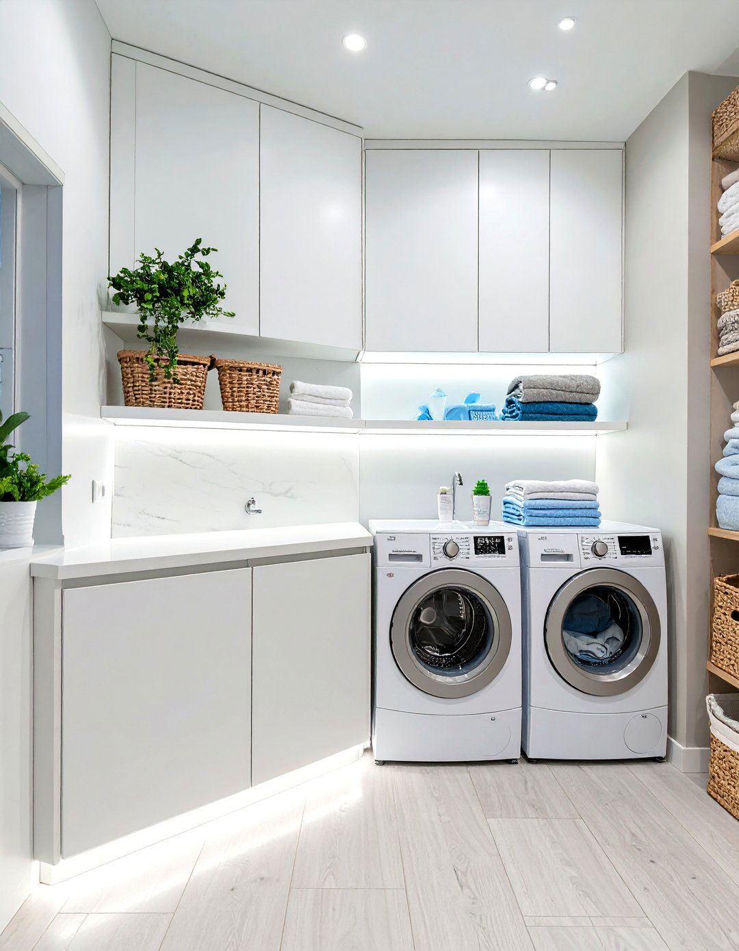 Stackable Laundry with Under Cabinet LED Lighting - 30 stackable laundry room ideas