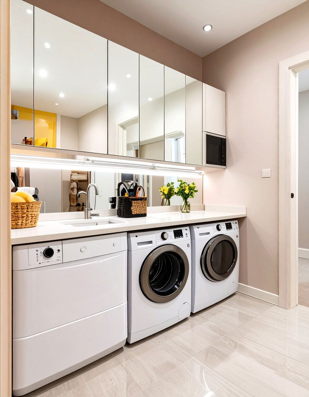 Stackable Laundry with a Mirrored Backsplash - 30 stackable laundry room ideas