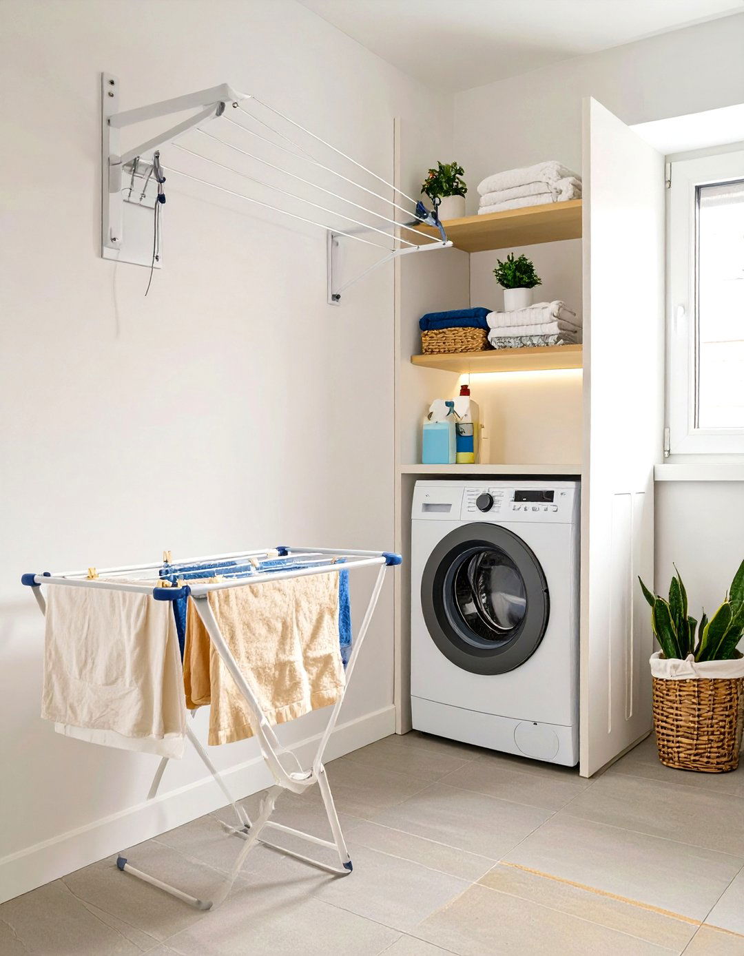 Stackable Laundry with a Retractable Clothesline - 30 stackable laundry room ideas