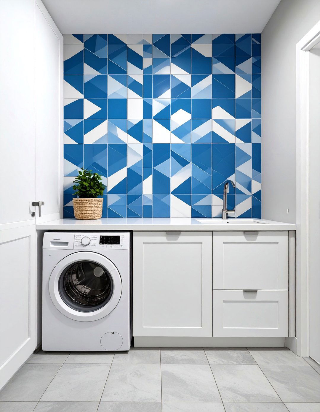 Stackable Laundry with a Tiled Accent Wall - 30 stackable laundry room ideas