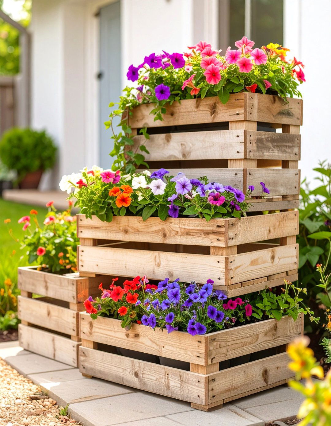 Stacked Crate Planter Display - 30 small backyard garden ideas