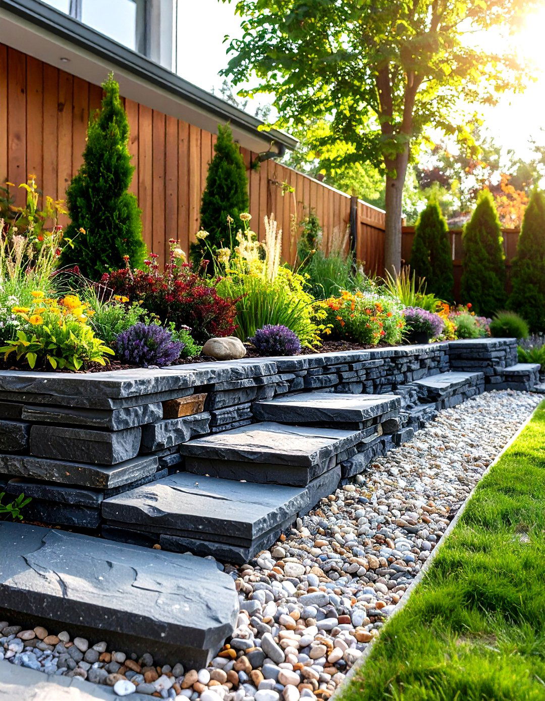 Stacked Slate Edging for a Pea Gravel Patio - 30 pea gravel patio edging ideas
