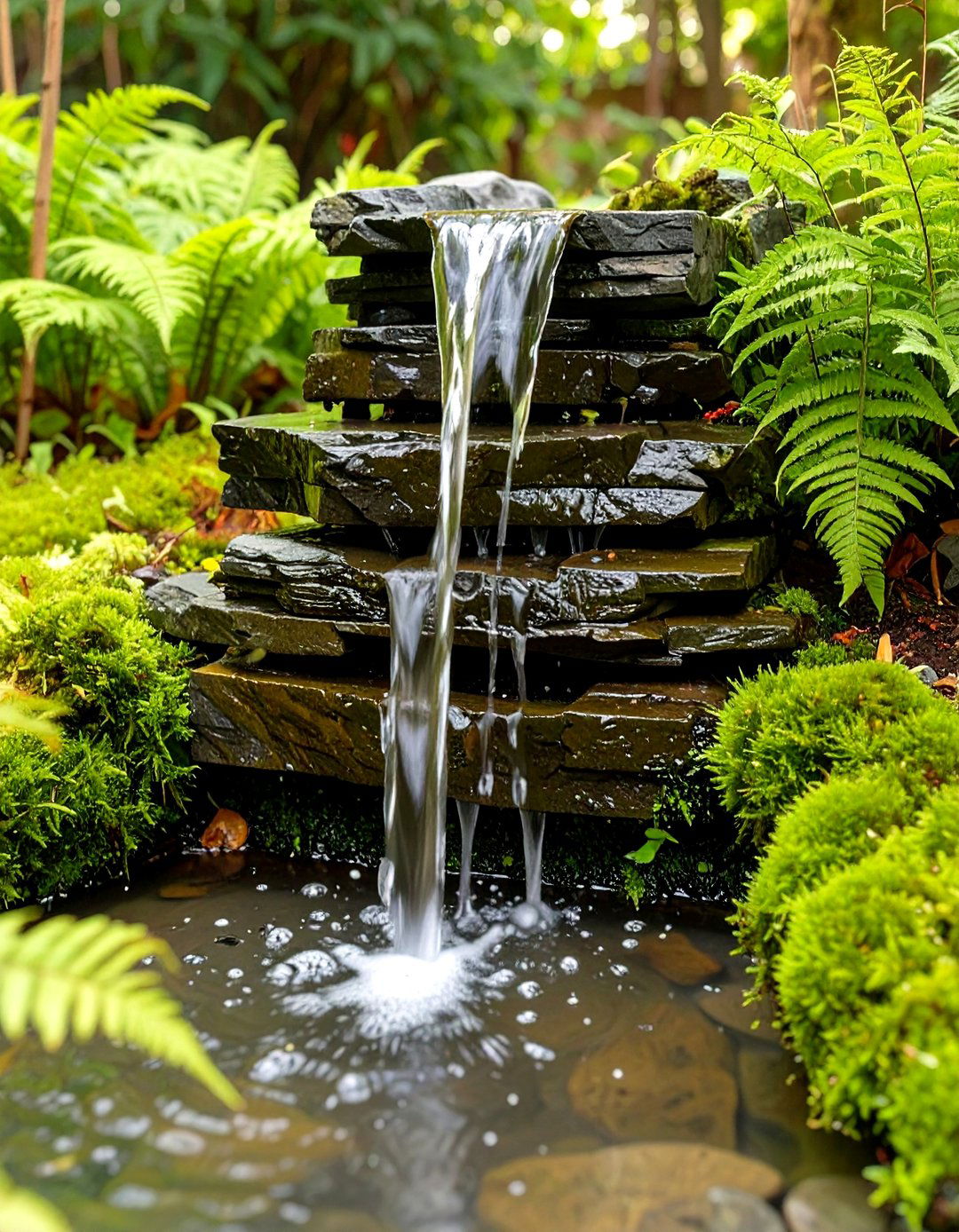 Stacked Slate Front Yard Fountain - 30 small front yard fountain ideas