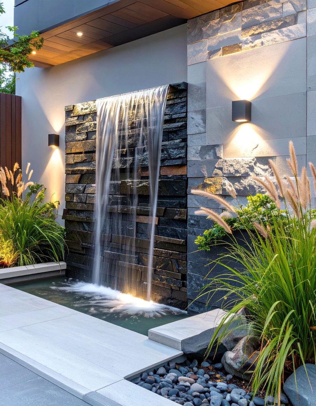 Stacked Slate Waterfall Wall - 30 backyard water feature ideas