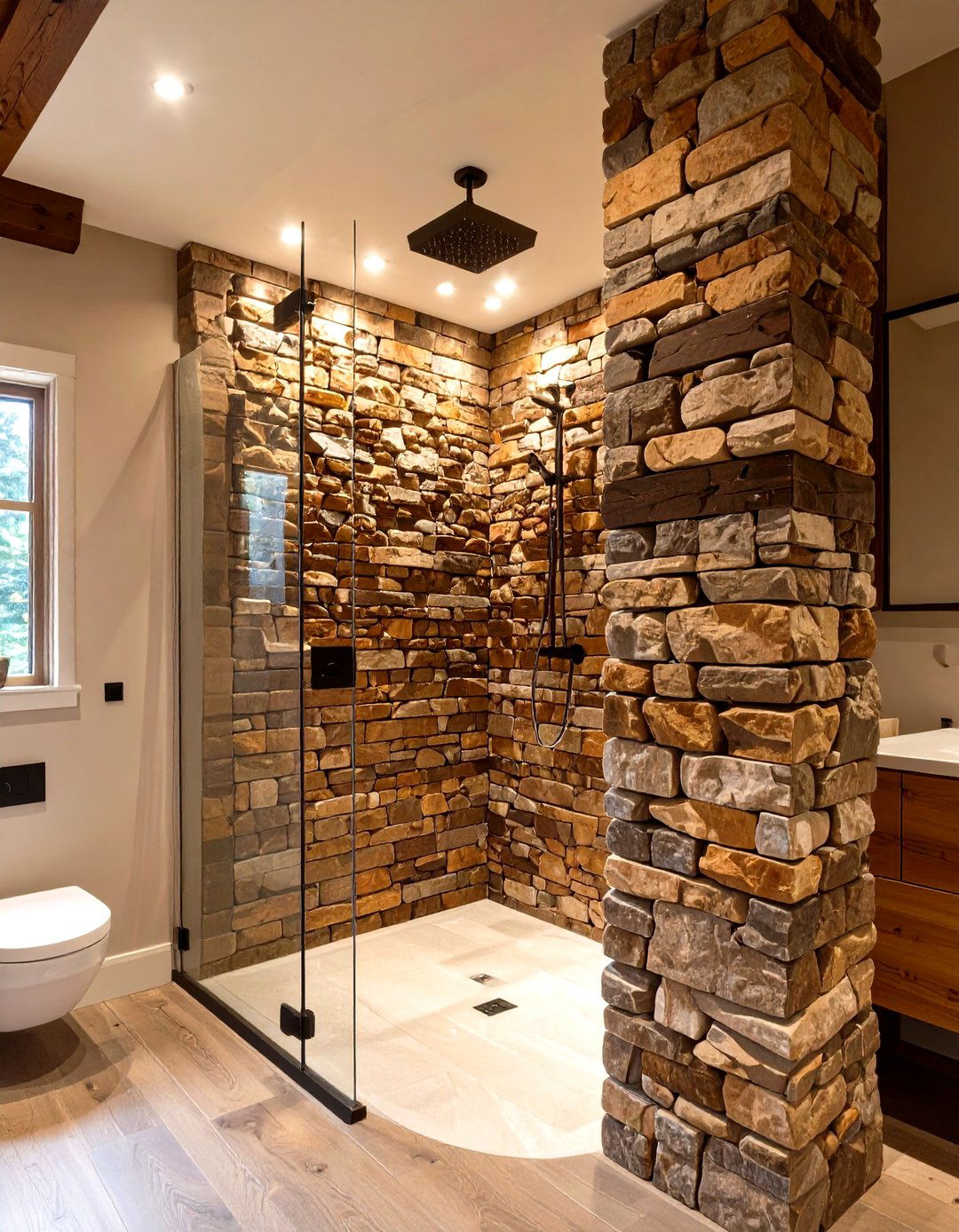 Stacked Stone Column Rustic Shower - 30 rustic shower ideas