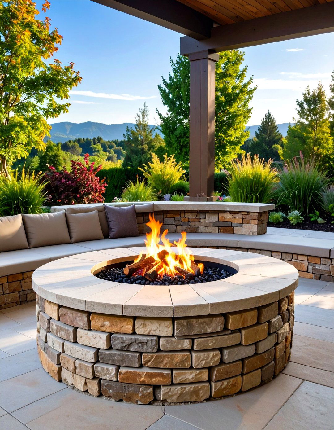 Stacked Stone Firepit with Seating Wall - 30 outdoor firepit ideas