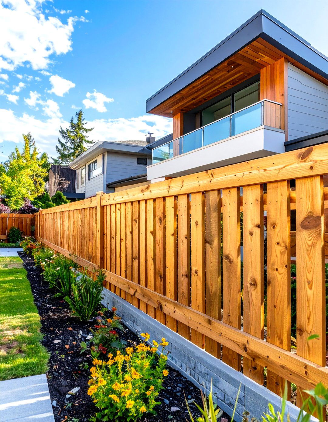 Staggered Height Wood Fence - 30 small front yard fence ideas