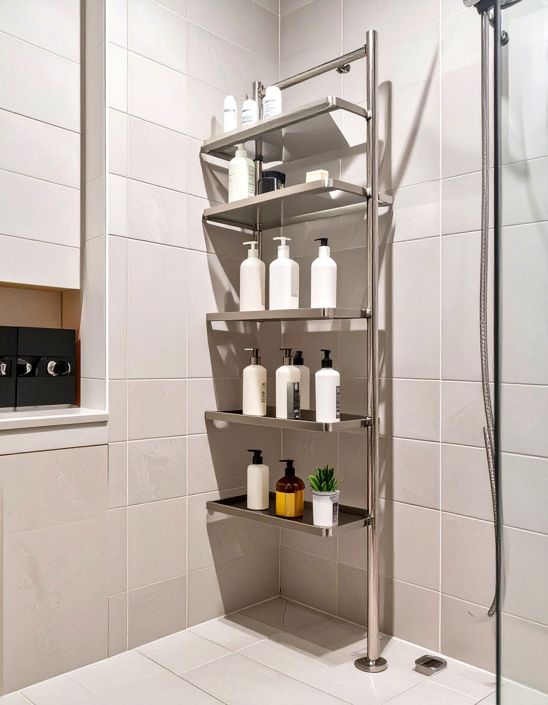 Stainless Steel Tension Pole Shower Organizer - 30 shower organizer ideas