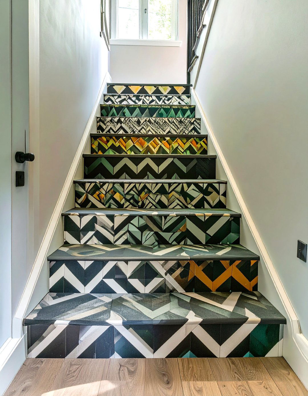 Stairway with Patterned Wallpaper on Risers - 30 stairway decor ideas