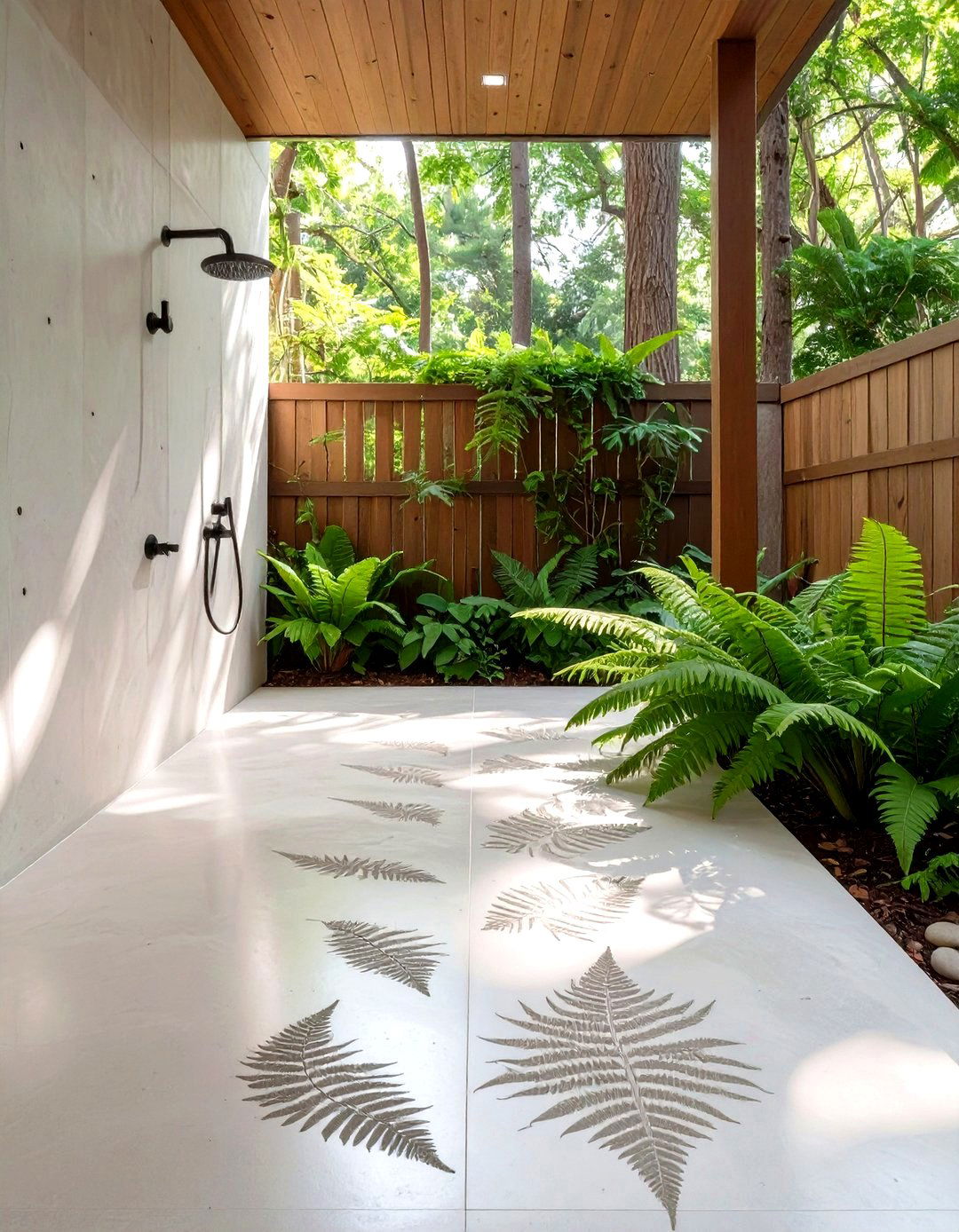 Stamped Concrete Floor with Leaf Imprints - 30 rustic outdoor shower ideas