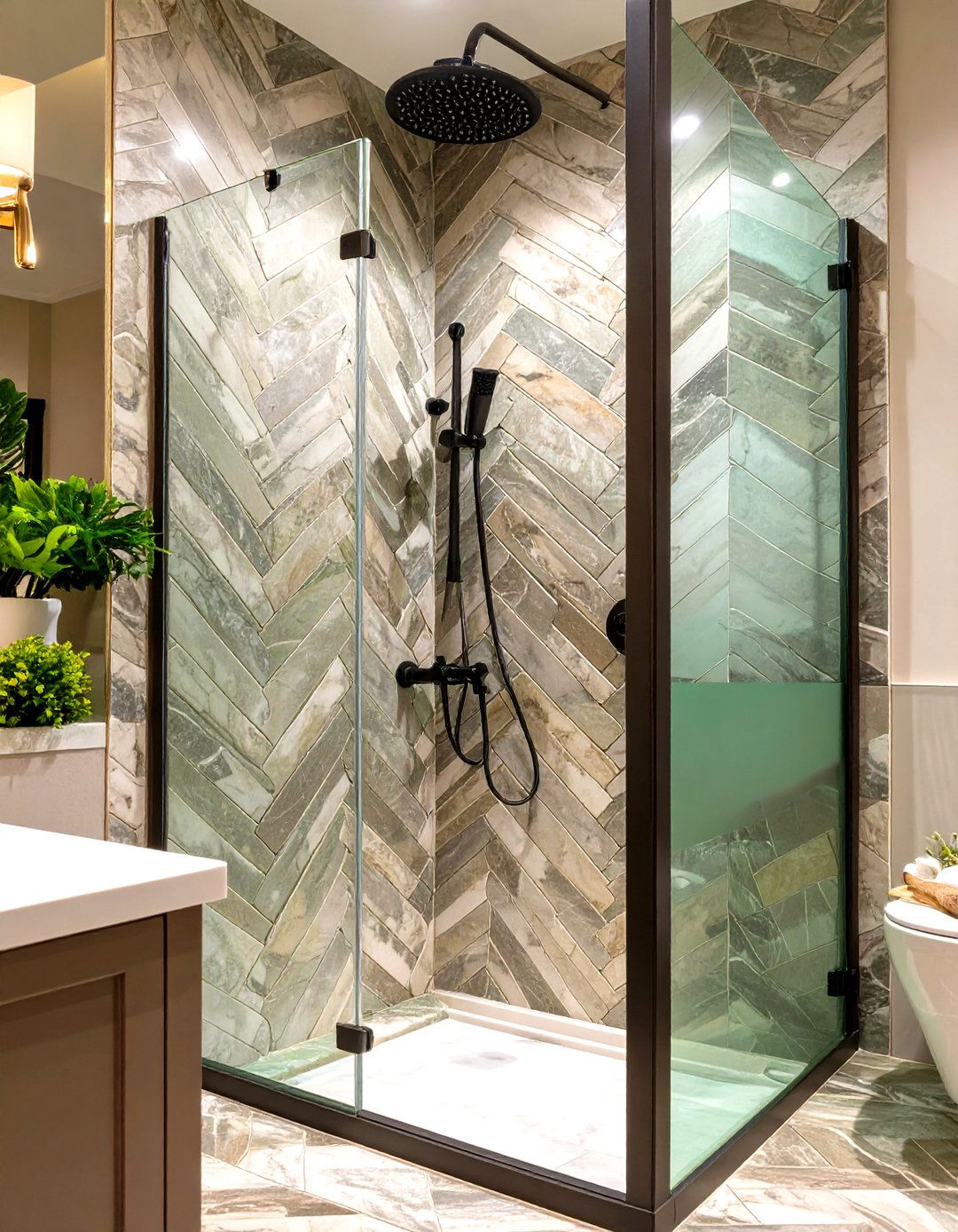 Stand Up Shower with Herringbone Tile Pattern - 30 stand up shower ideas