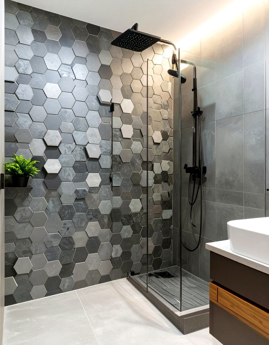 Stand Up Shower with Hexagonal Tiles - 30 stand up shower ideas